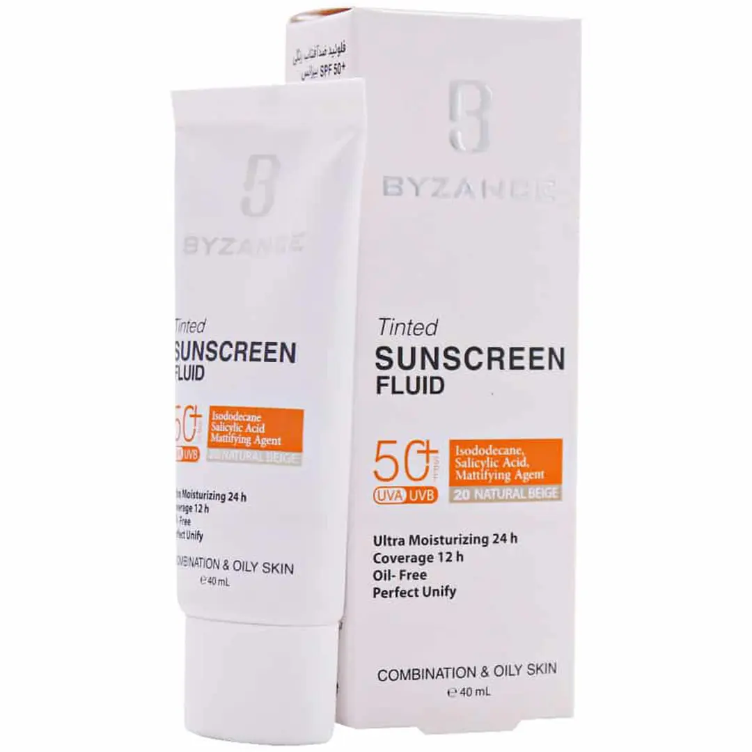 فلوئید ضد آفتاب رنگ بژ طبیعی SPF50 بیزانس مناسب پوست مختلط و چرب
